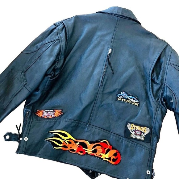 Motorcycle Jacket Men's Leather Moto Patches Sturgis Daytona Biker XL XXL